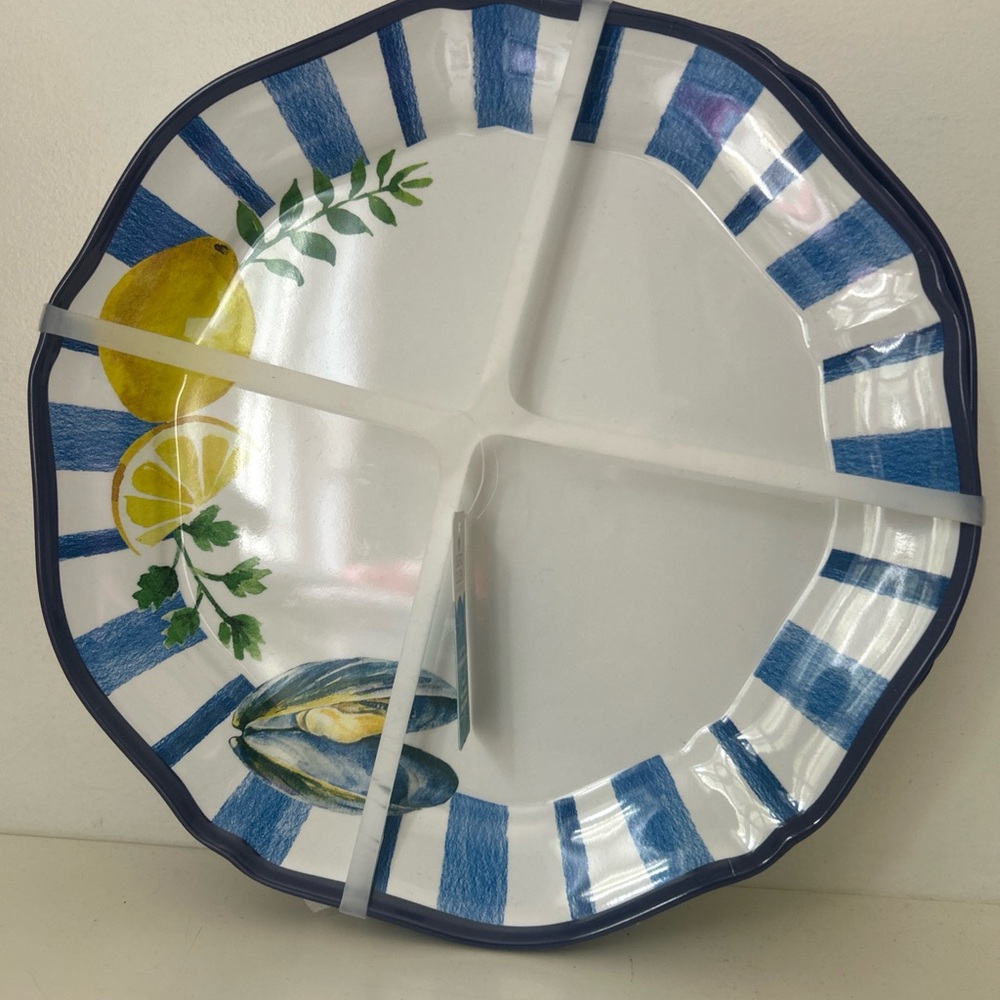Blue & White Striped Lemon Melamine Summer Outdoor Plates Set of 4